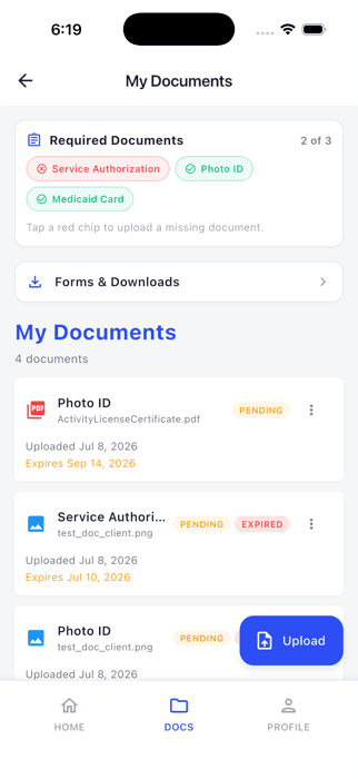 Client required documents screen