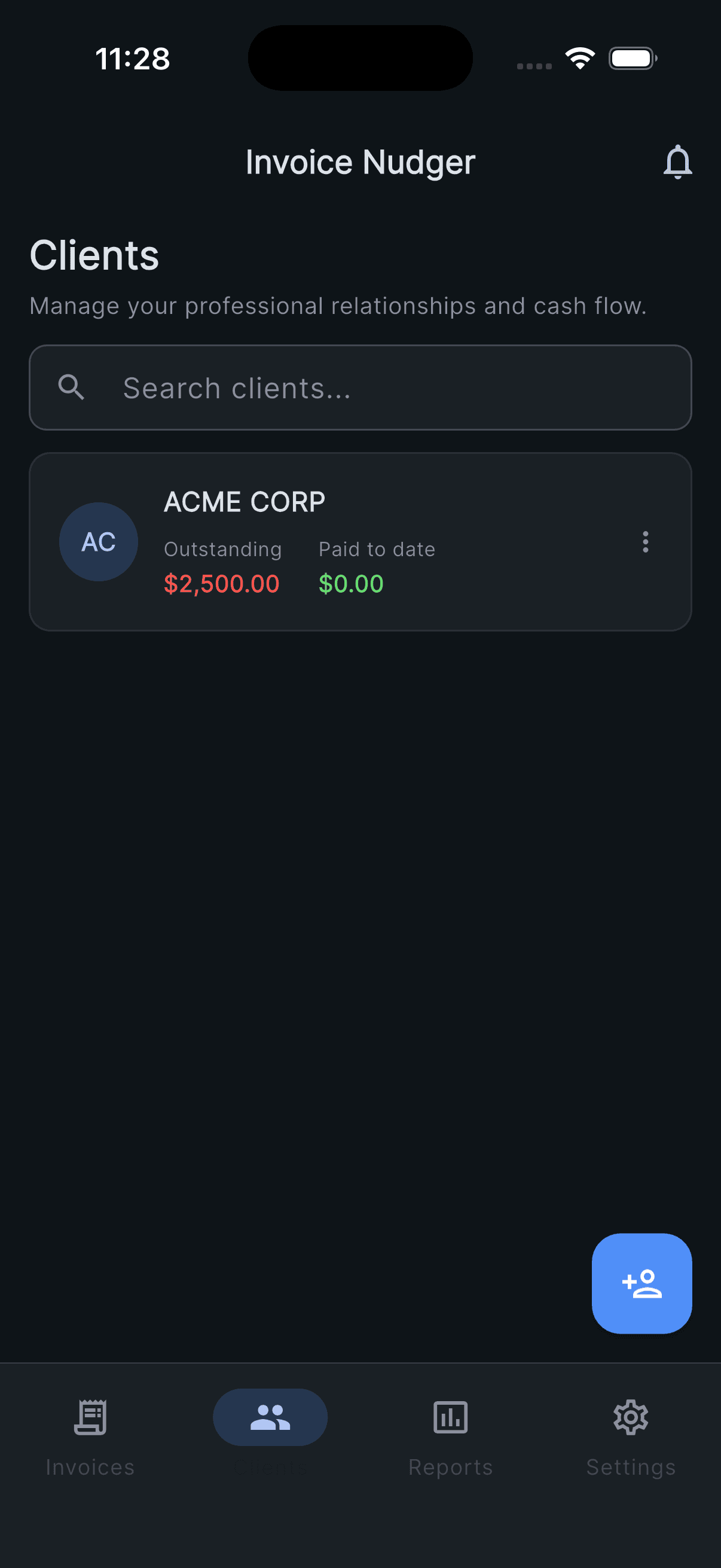 Invoice Nudger clients screen