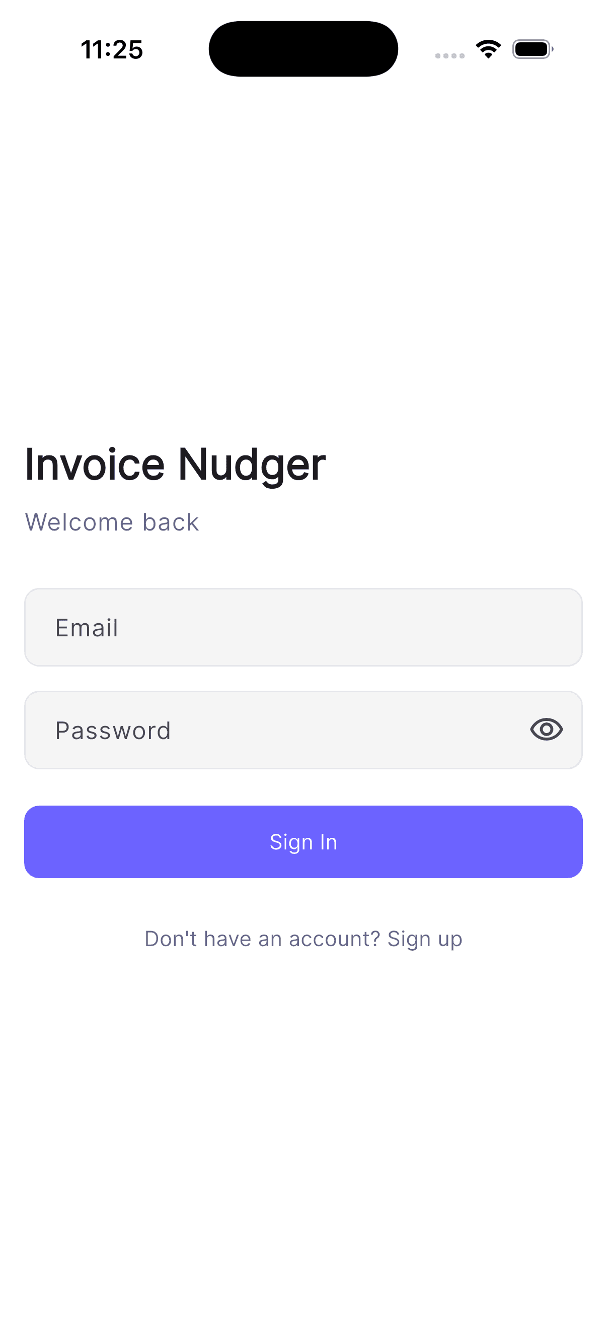 Invoice Nudger sign in screen