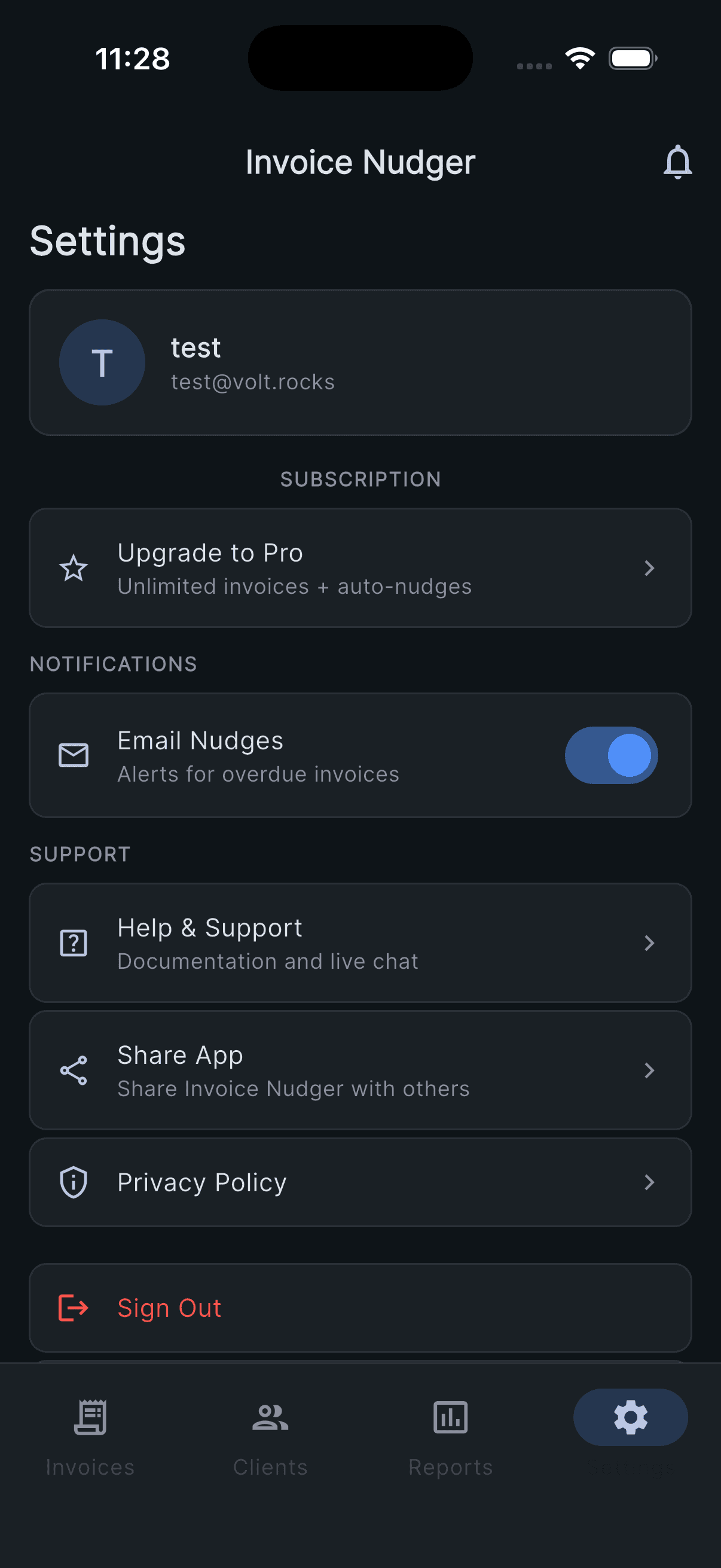 Invoice Nudger settings screen