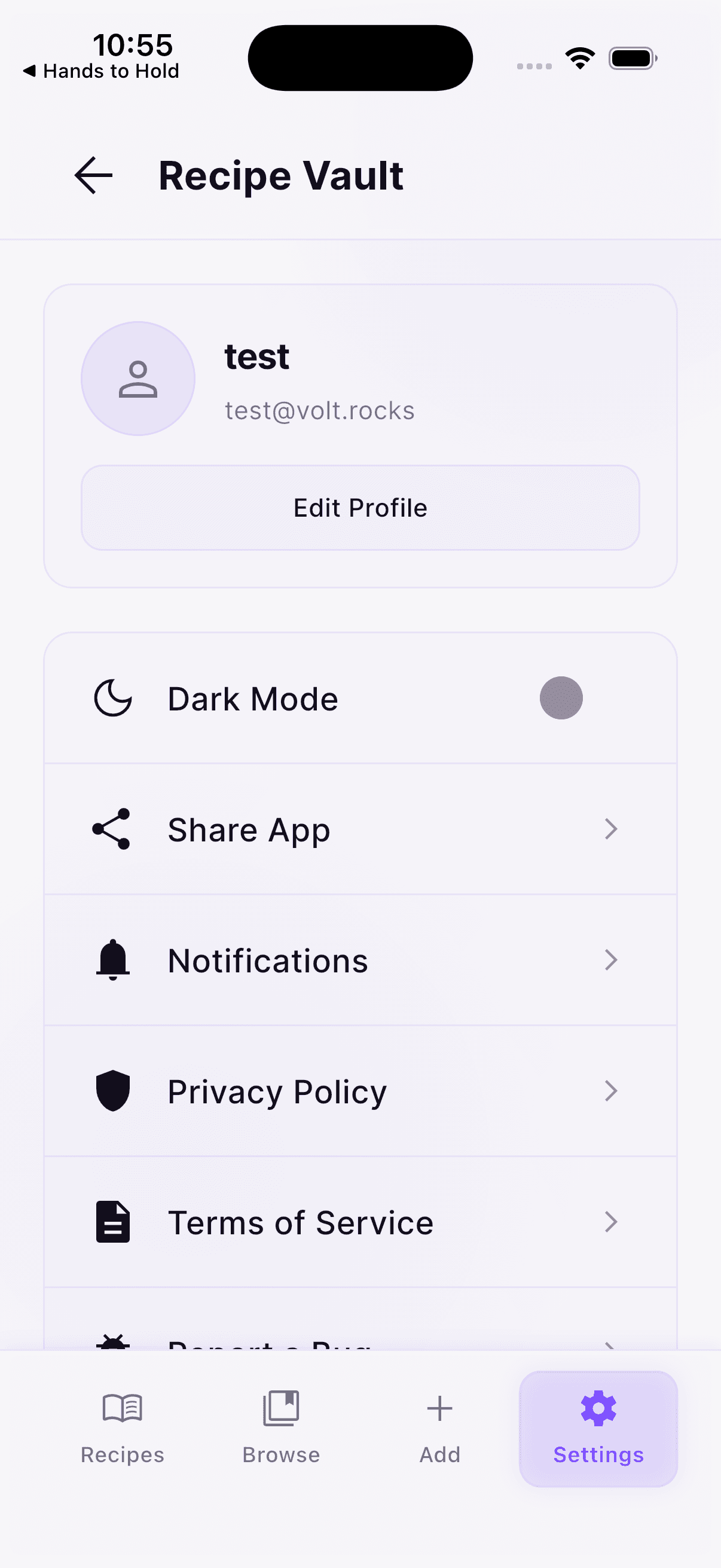 Recipe Vault settings screen