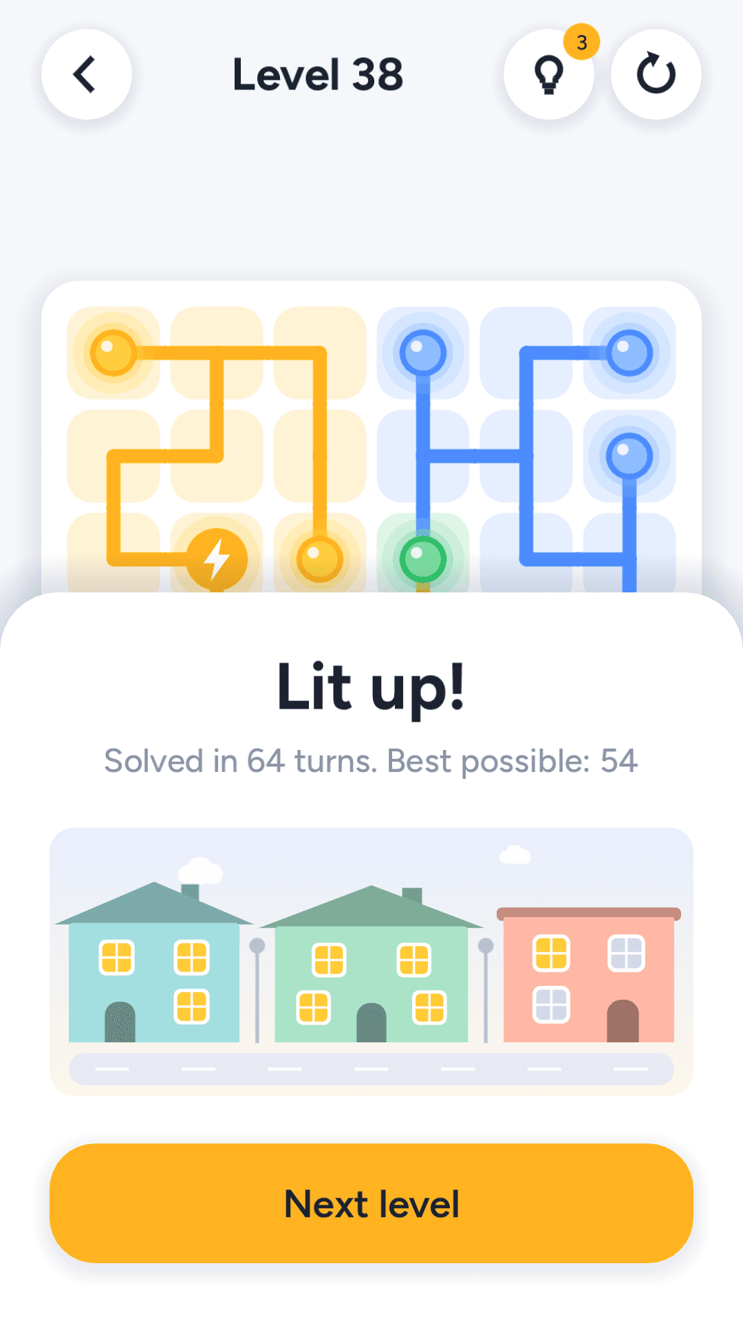Spark level 38 solved, with a green bulb lit and the Lit up card