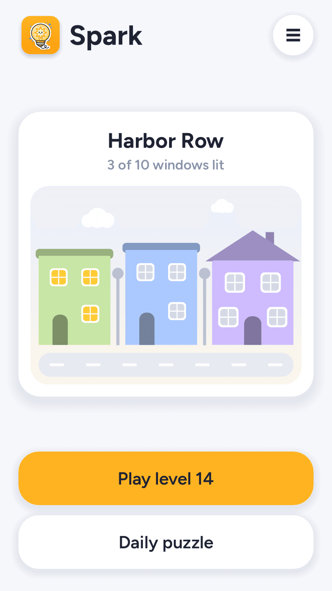 Spark home screen showing the Harbor Row street with three windows lit