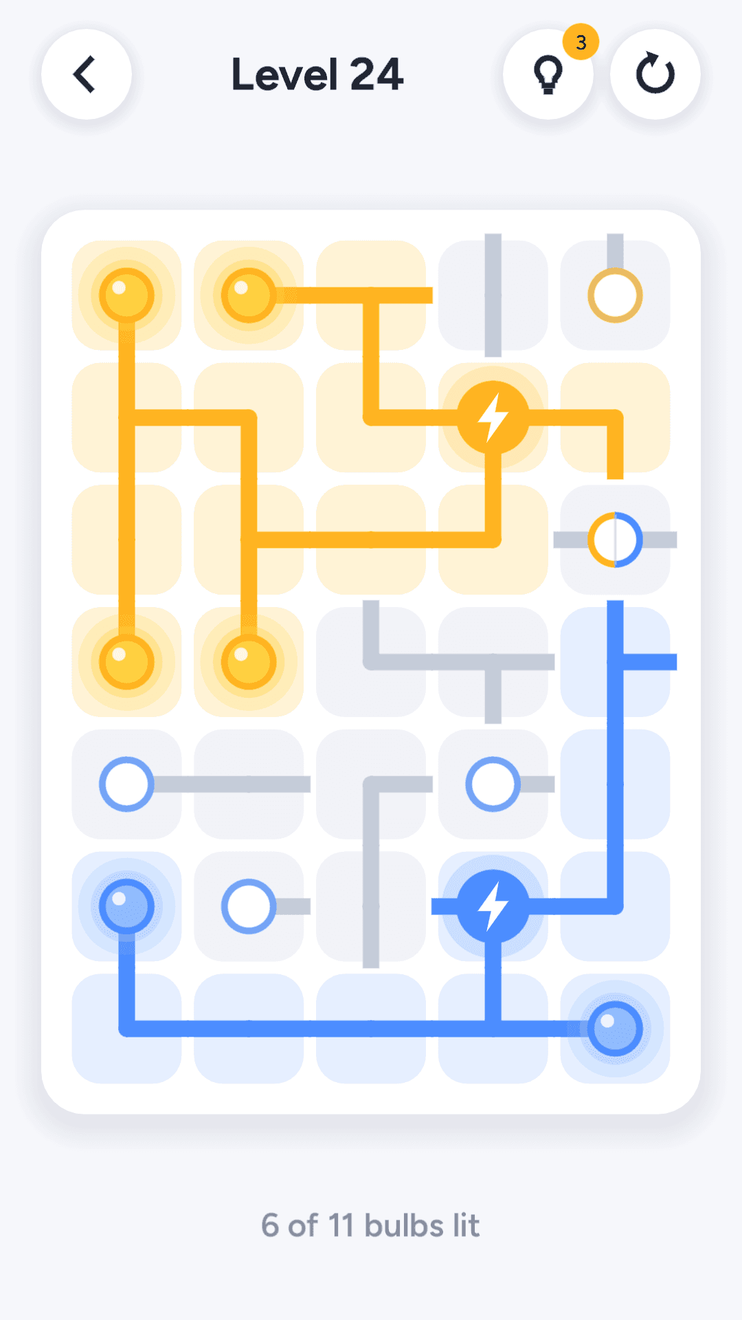 Spark level 24 with yellow and blue currents on a larger board