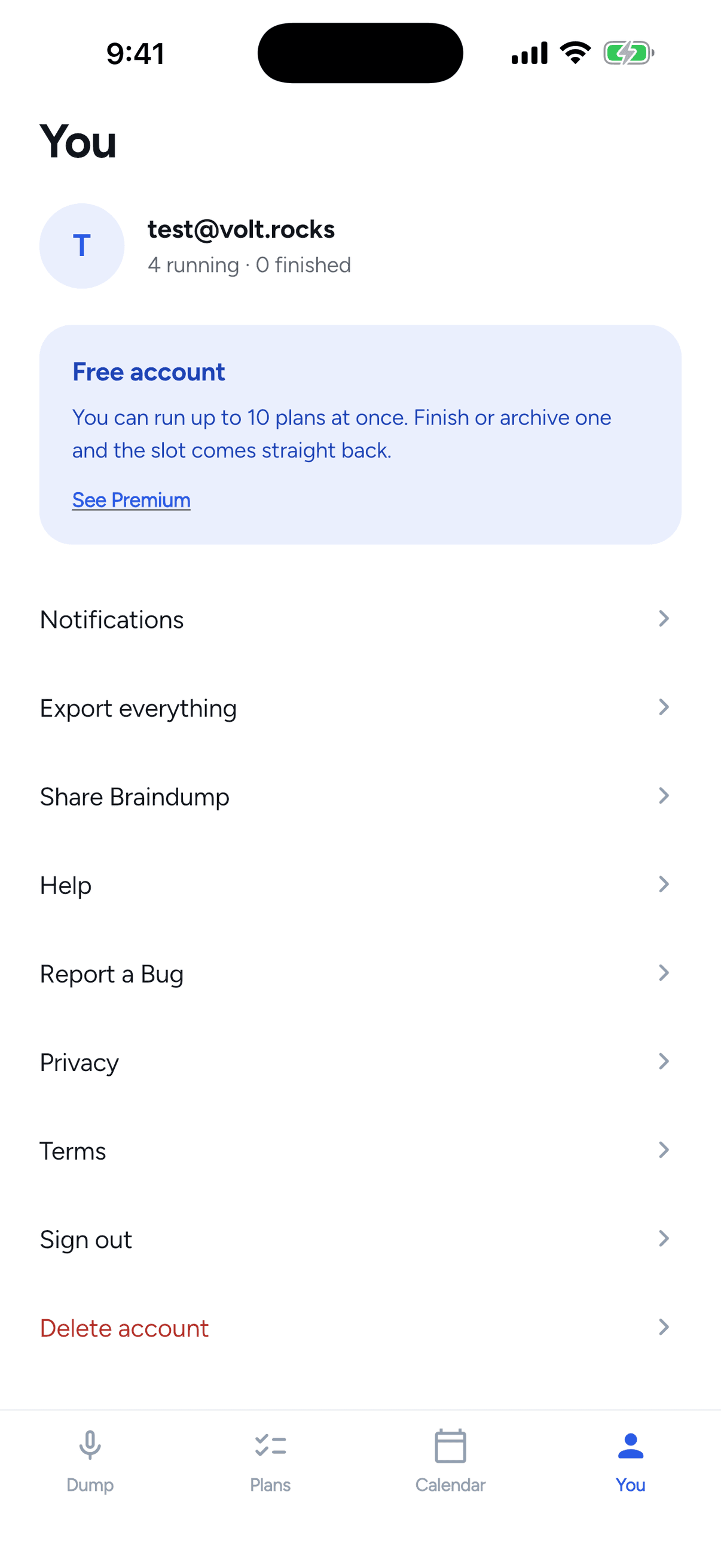 Braindump account and settings screen