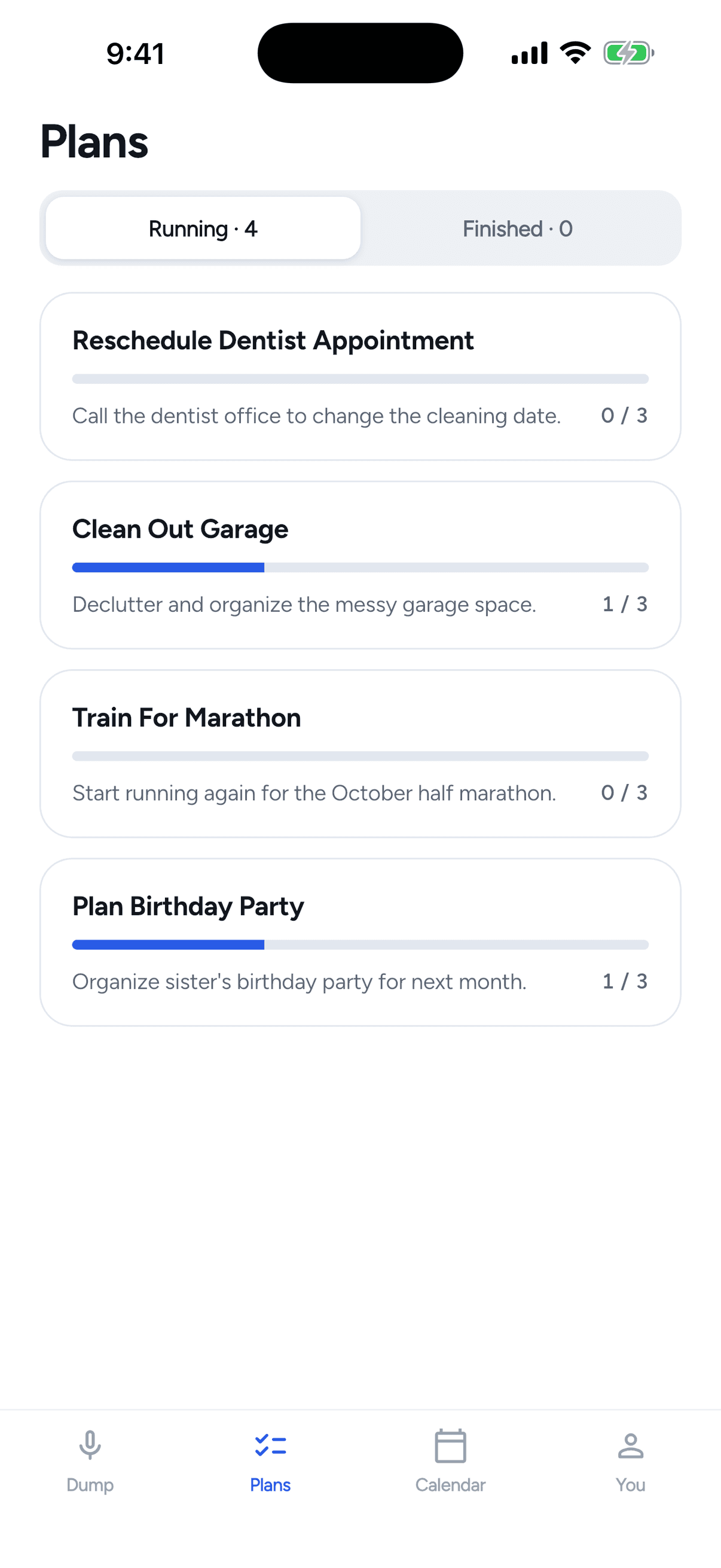 Braindump list of running plans with progress bars