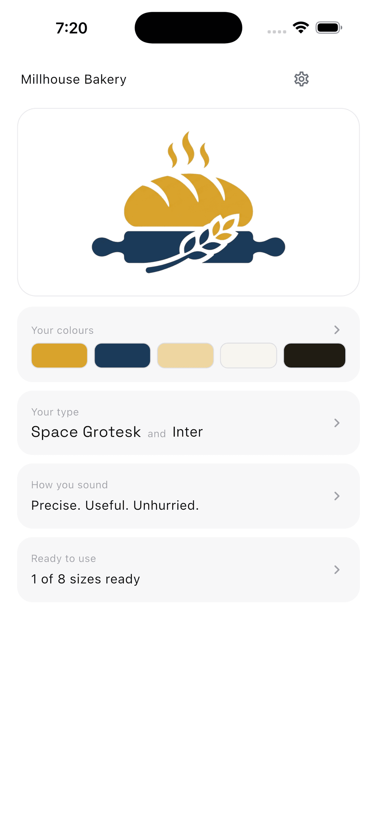 Brand Kit home screen with a bakery mark, colors, and type