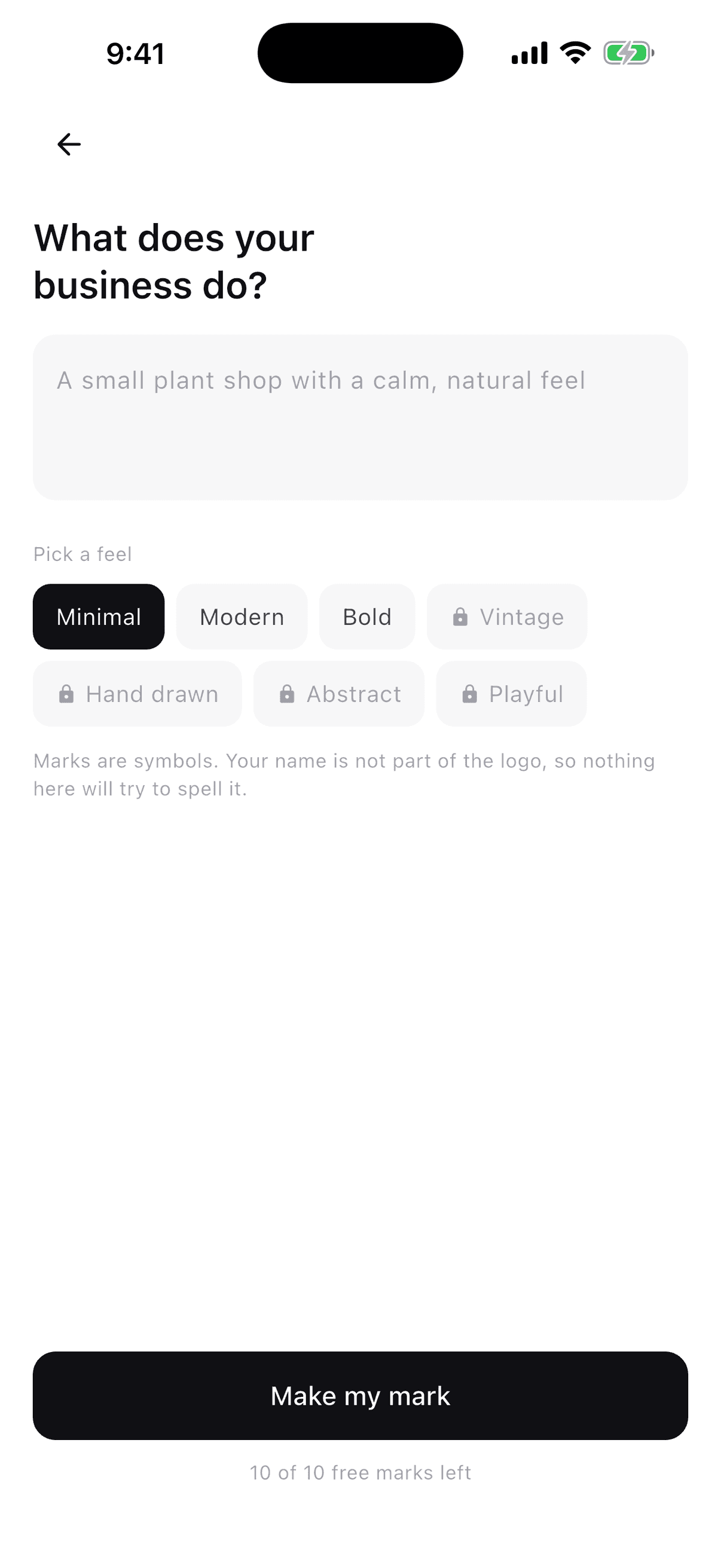Brand Kit screen asking what the business does