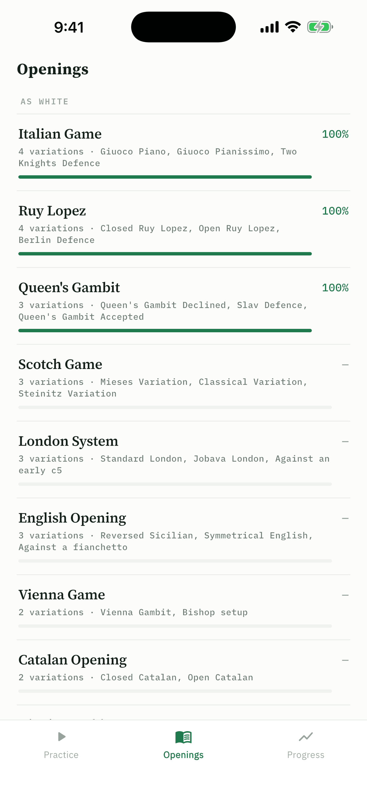 Chess Coach list of openings with mastery bars