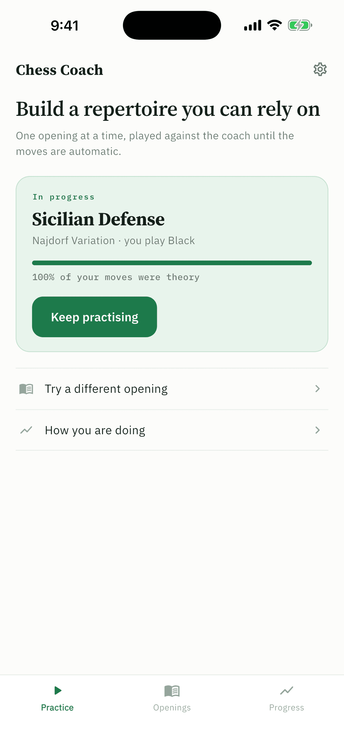 Chess Coach home screen with the current opening and a practice button