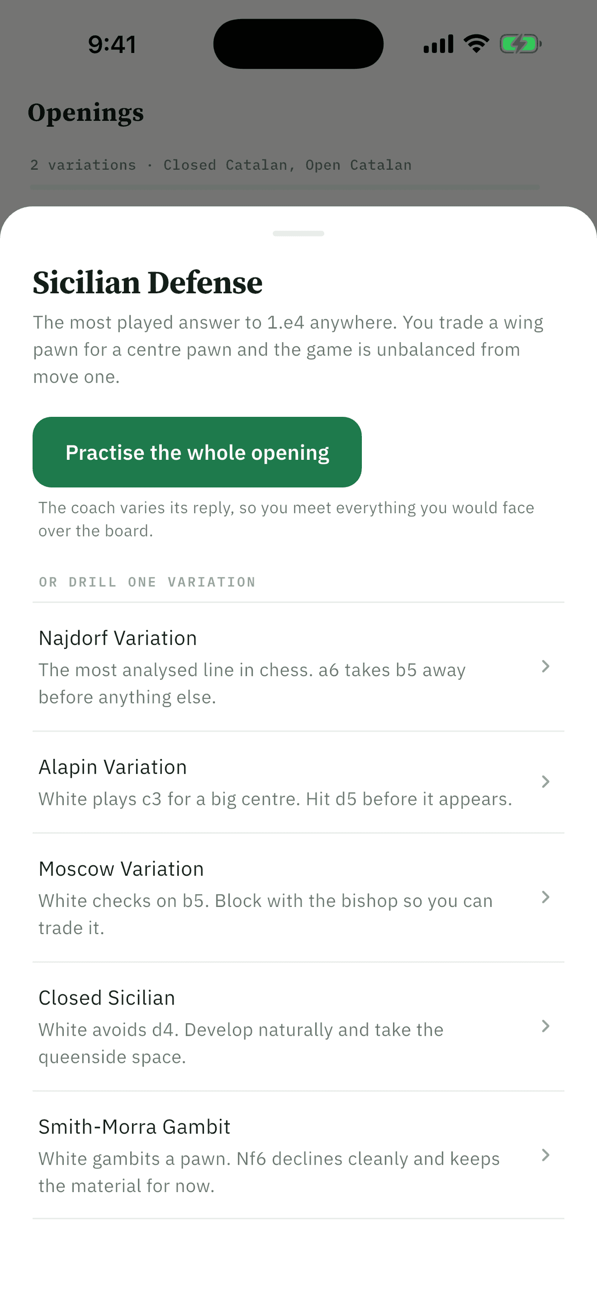 Chess Coach variation picker for the Sicilian Defense