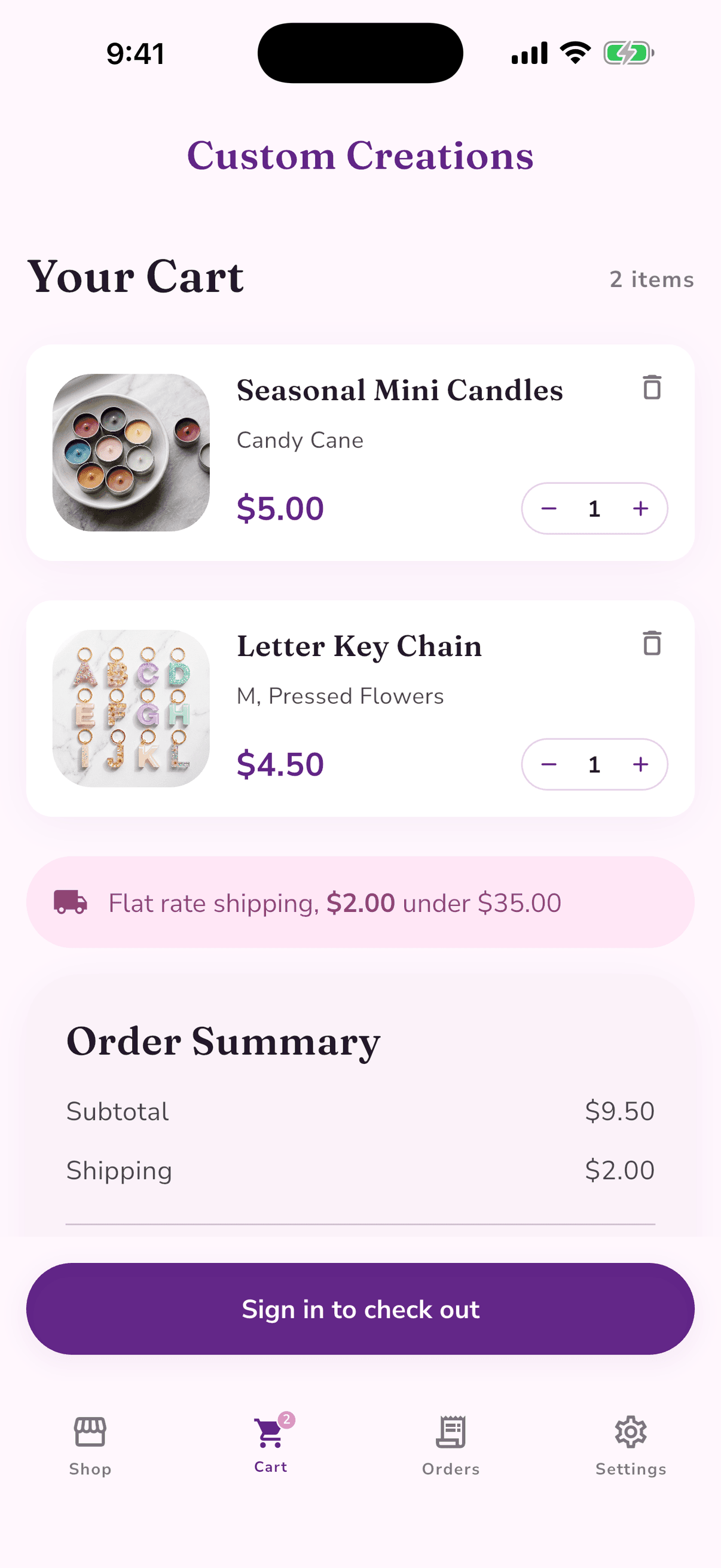 Custom Creations cart with an order summary