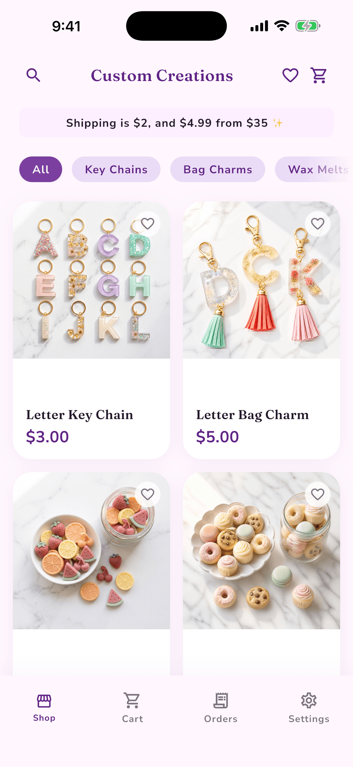 Custom Creations shop screen with key chains and bag charms