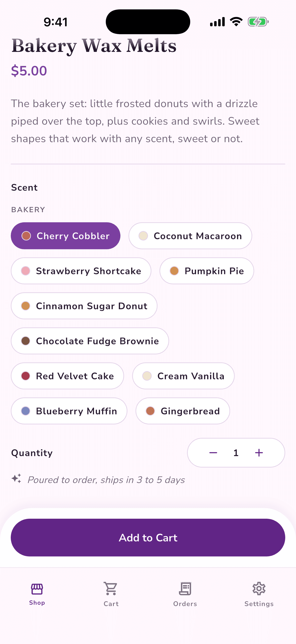 Custom Creations wax melts page with scent choices