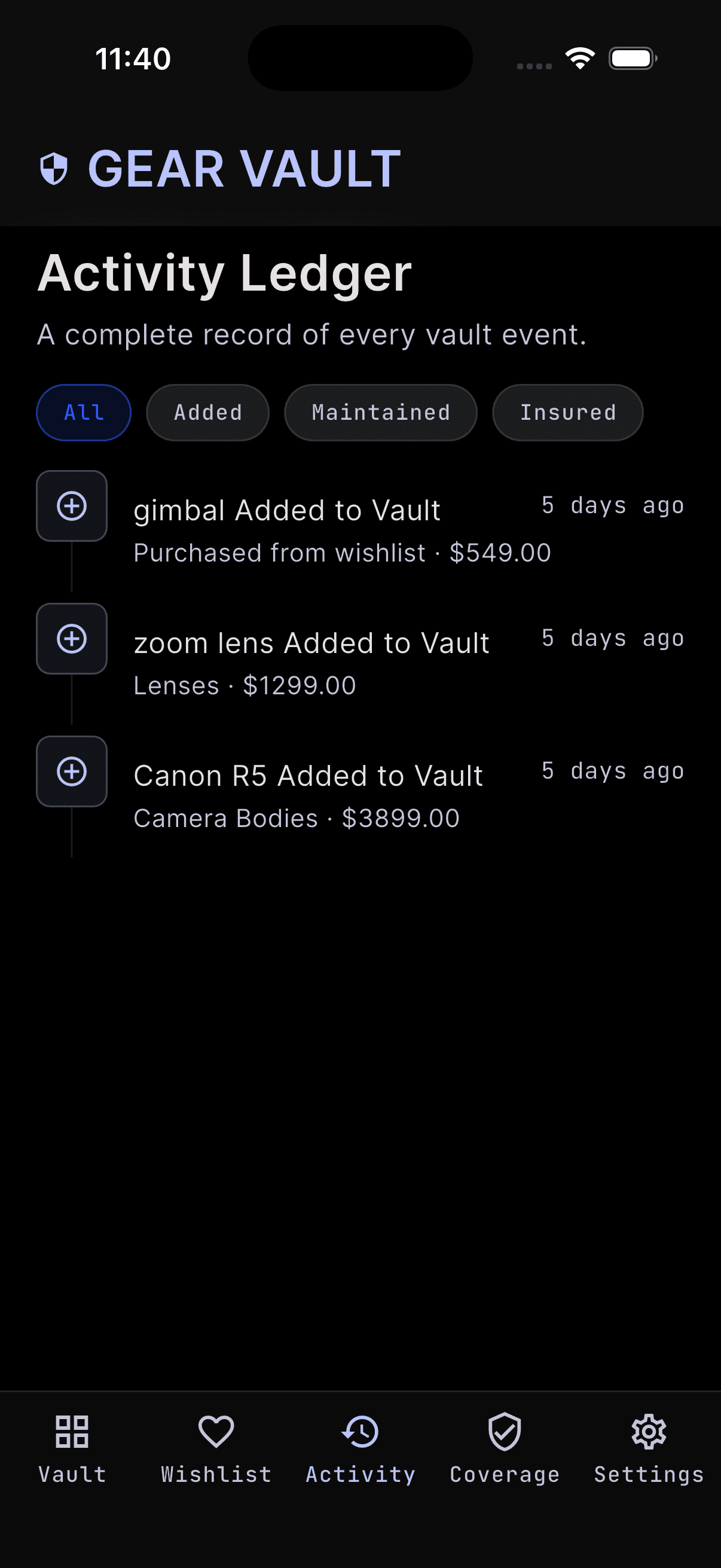 Gear Vault activity ledger screen