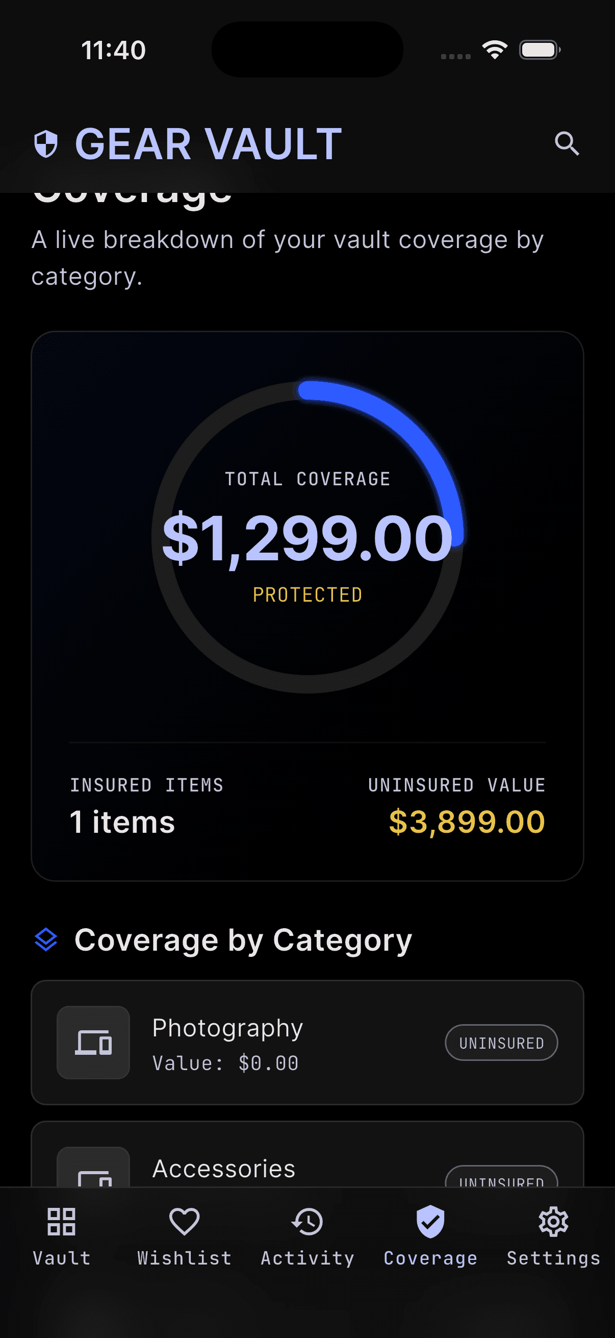 Gear Vault coverage screen with protected value