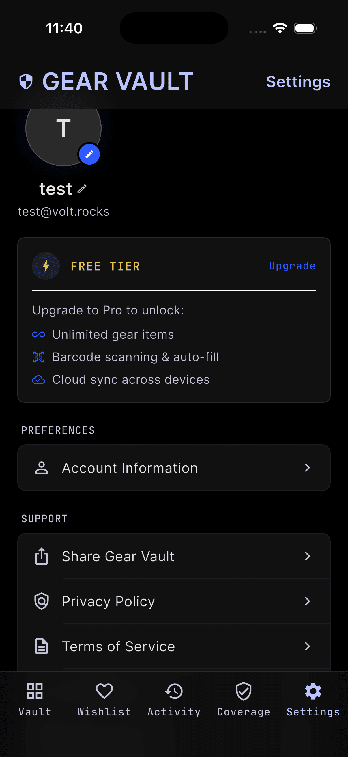 Gear Vault settings screen