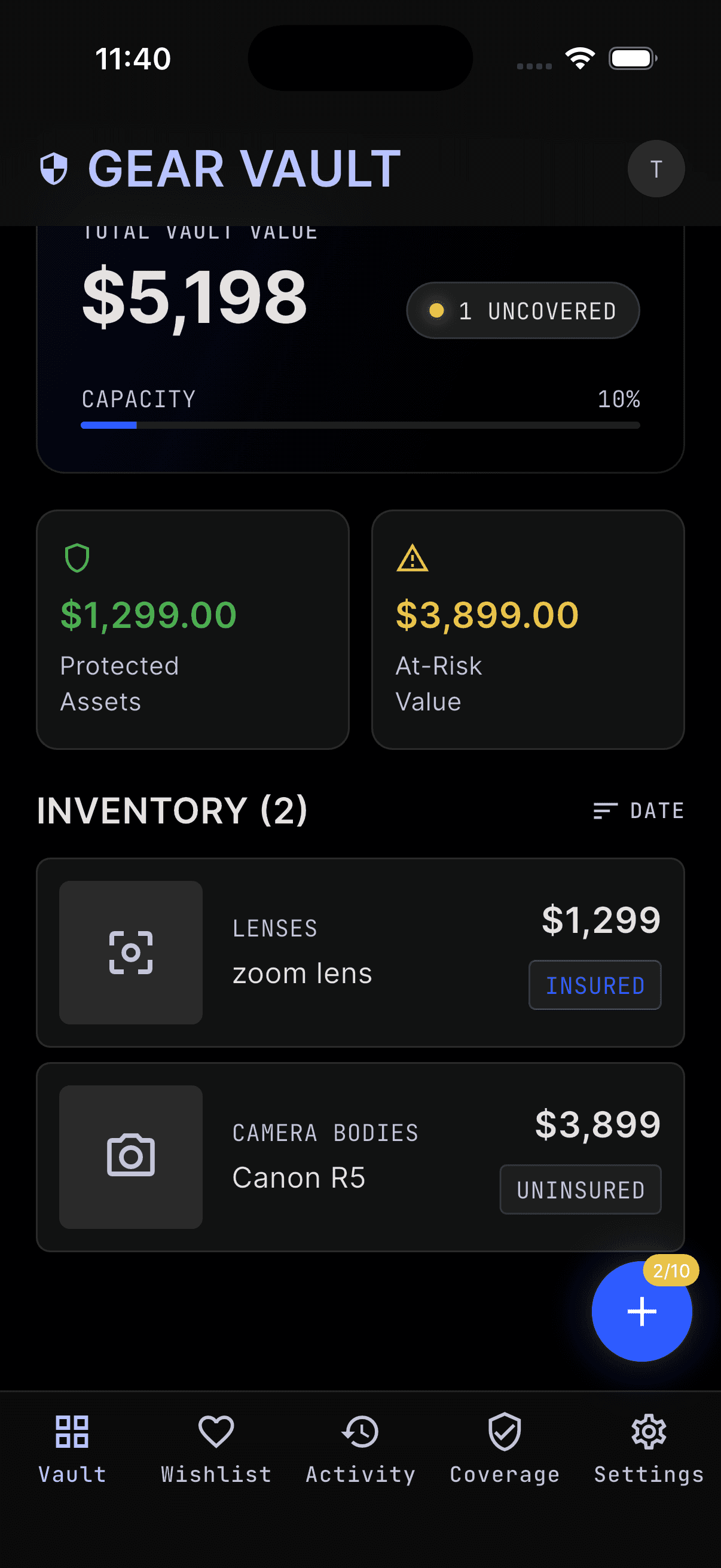 Gear Vault overview screen with inventory value