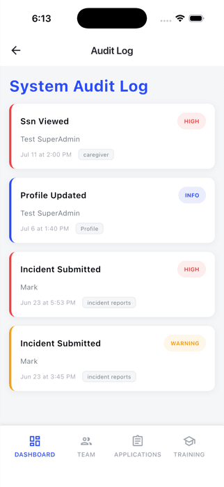 System audit log screen