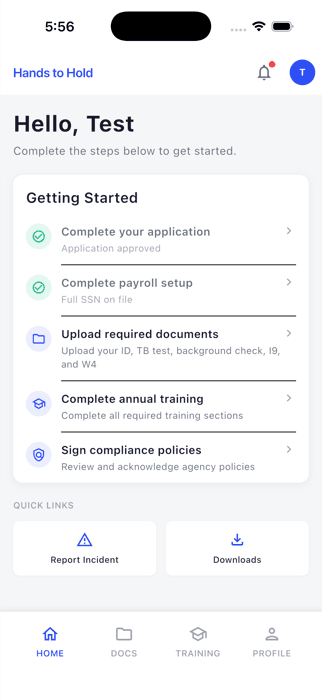 Caregiver home screen with onboarding checklist