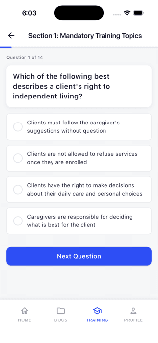 Competency test question screen