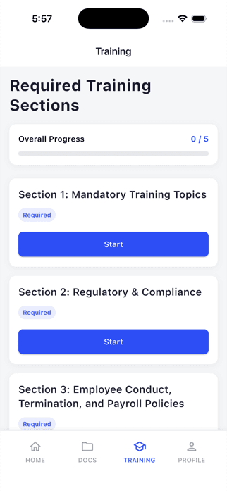 Required training sections screen