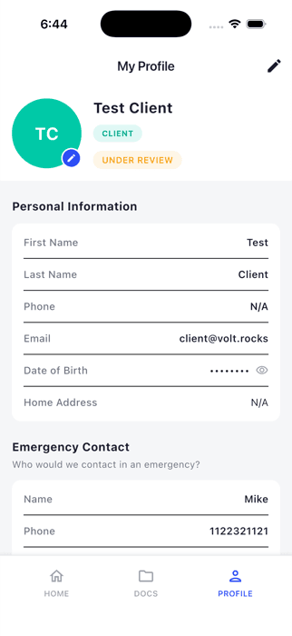 Client profile screen