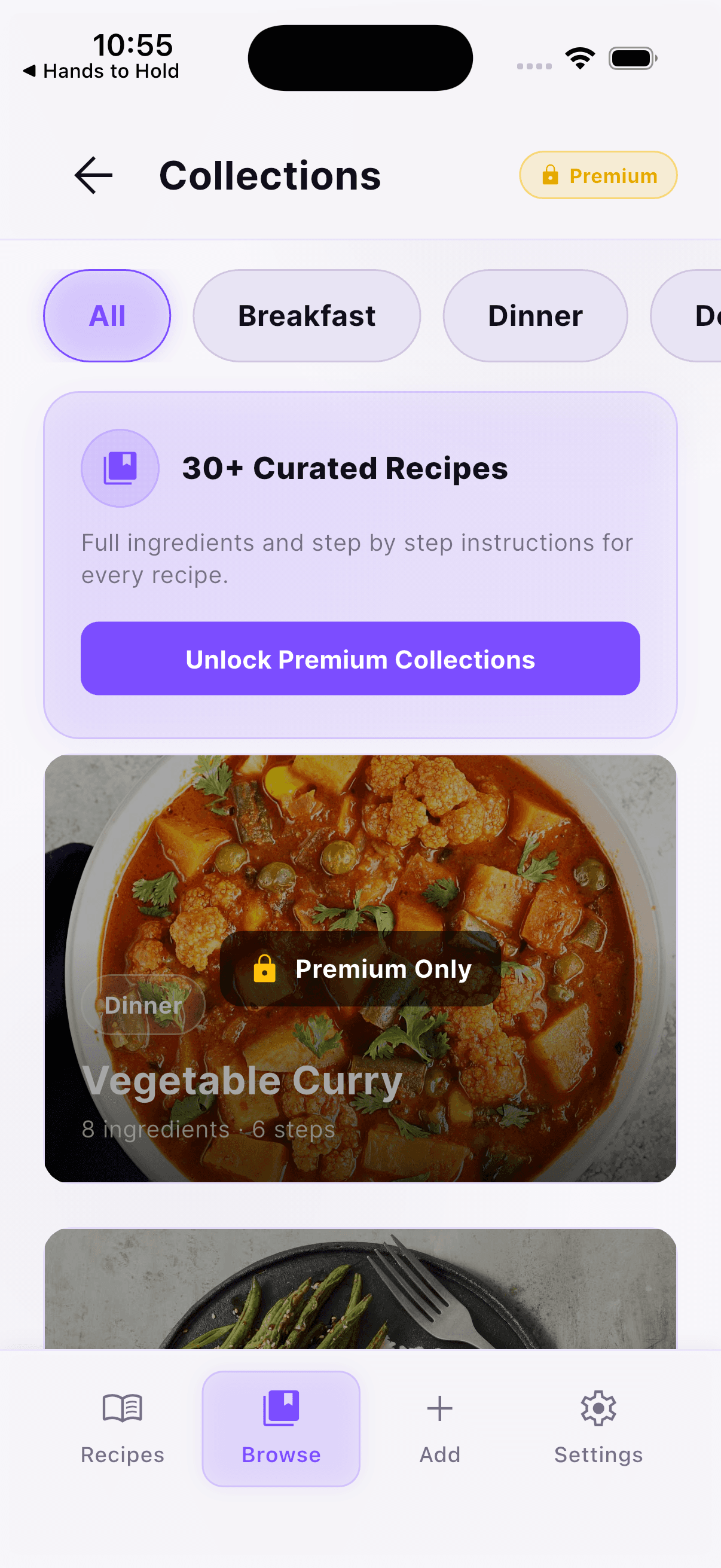 Recipe Vault collections screen with premium curated recipes