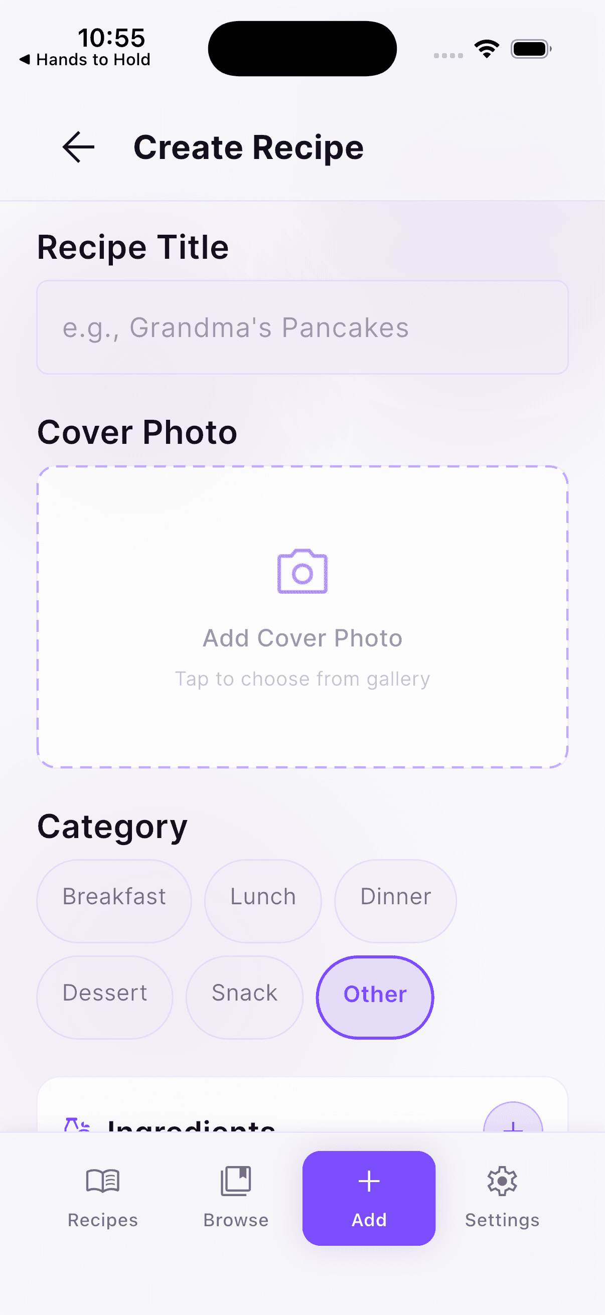Create recipe screen with title, photo, and category fields