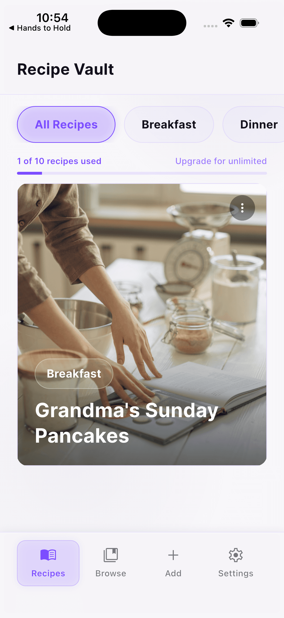 Recipe Vault home screen with saved recipes