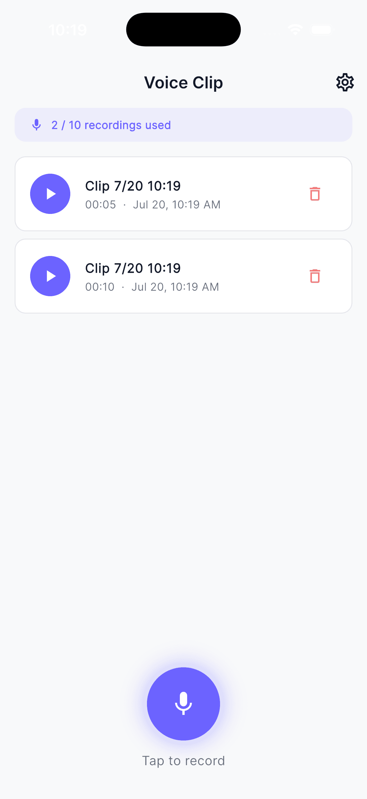 Voice Clip saved recordings list
