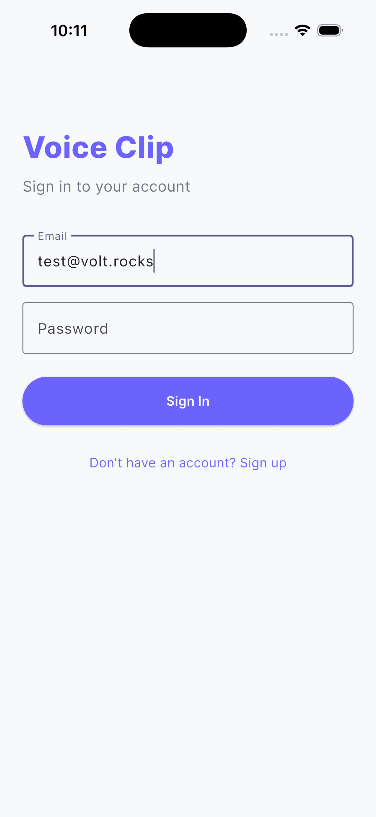 Voice Clip sign in screen