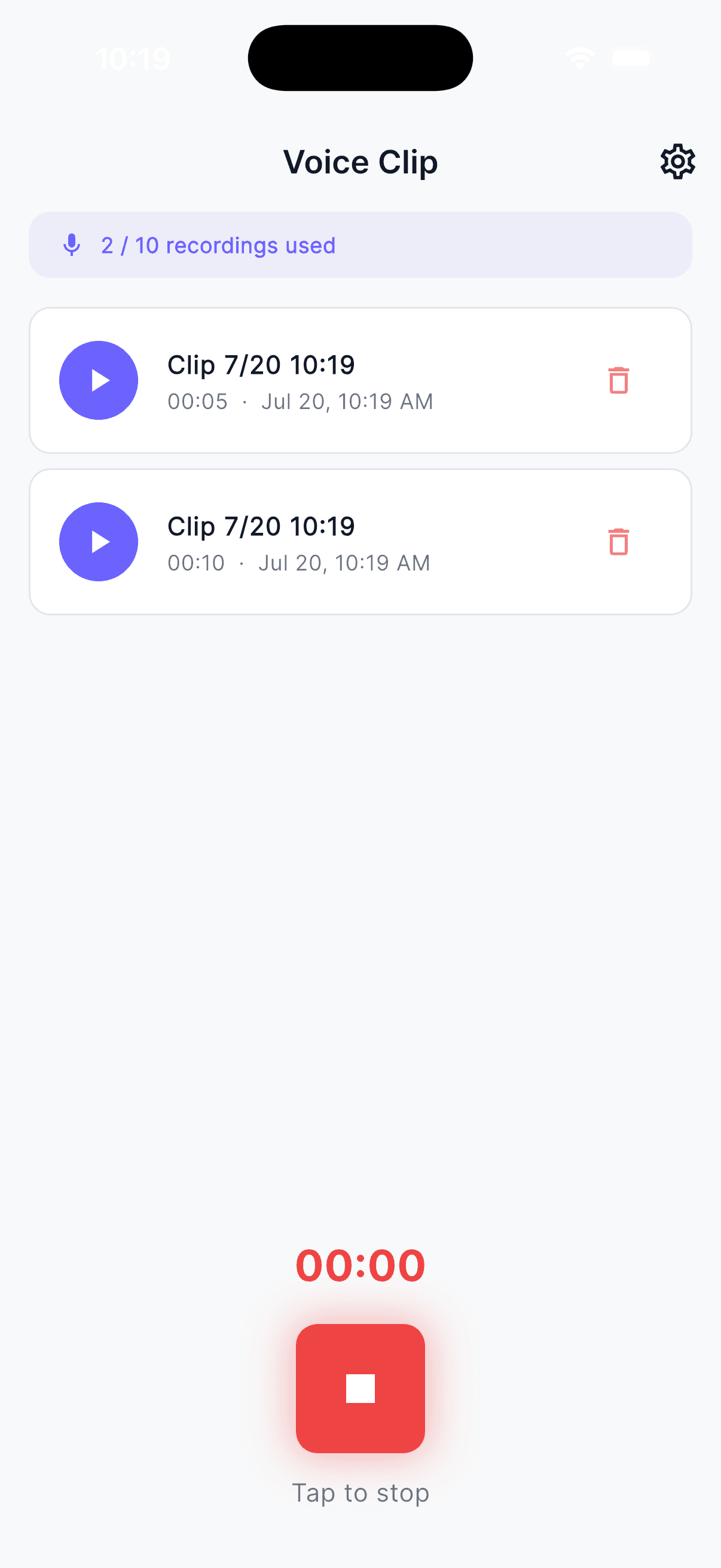 Voice Clip recording screen with timer