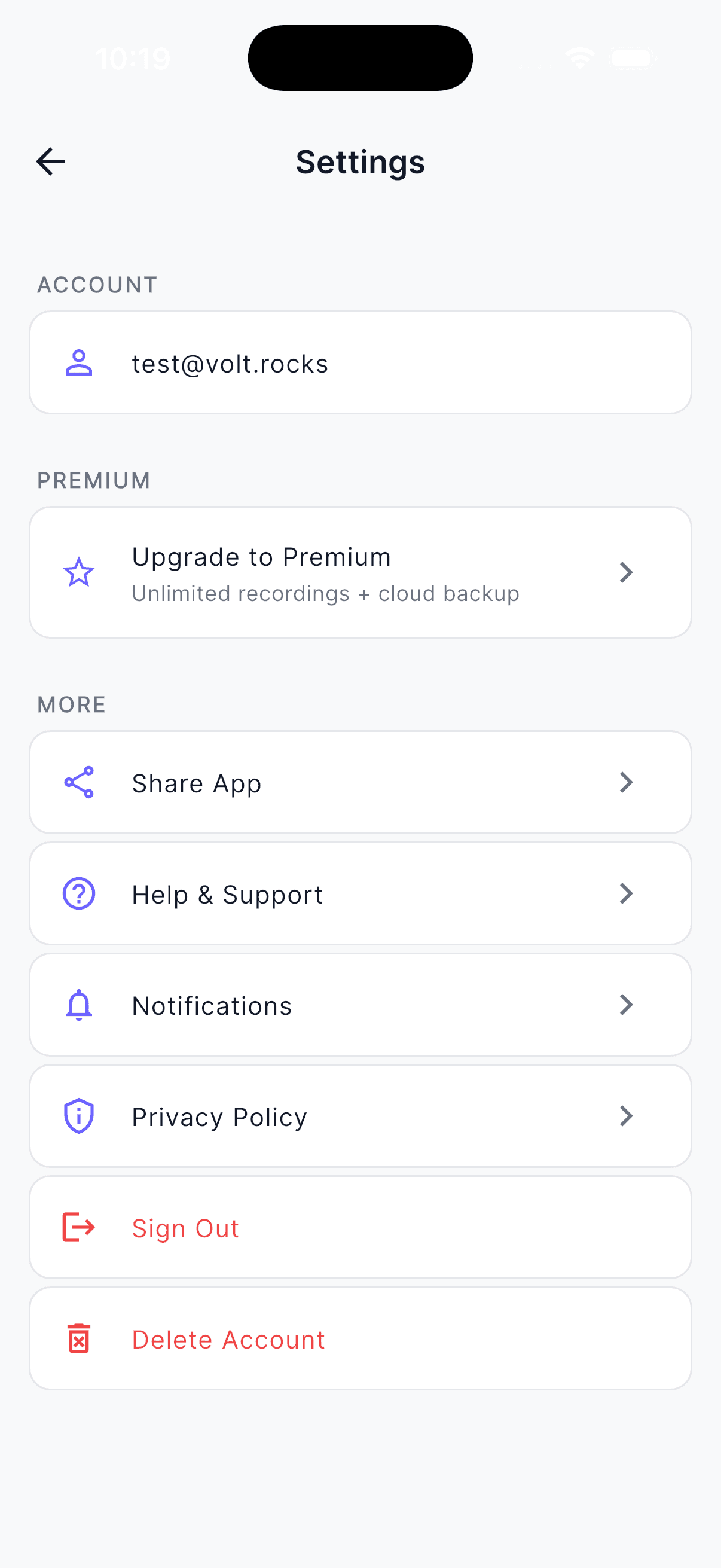 Voice Clip settings screen