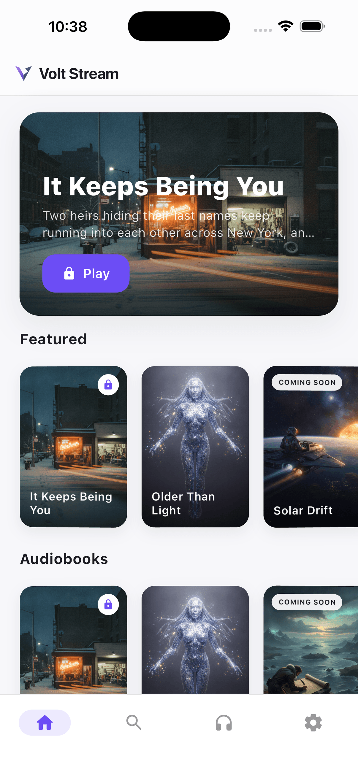 Volt Stream home screen with a featured story and shelves
