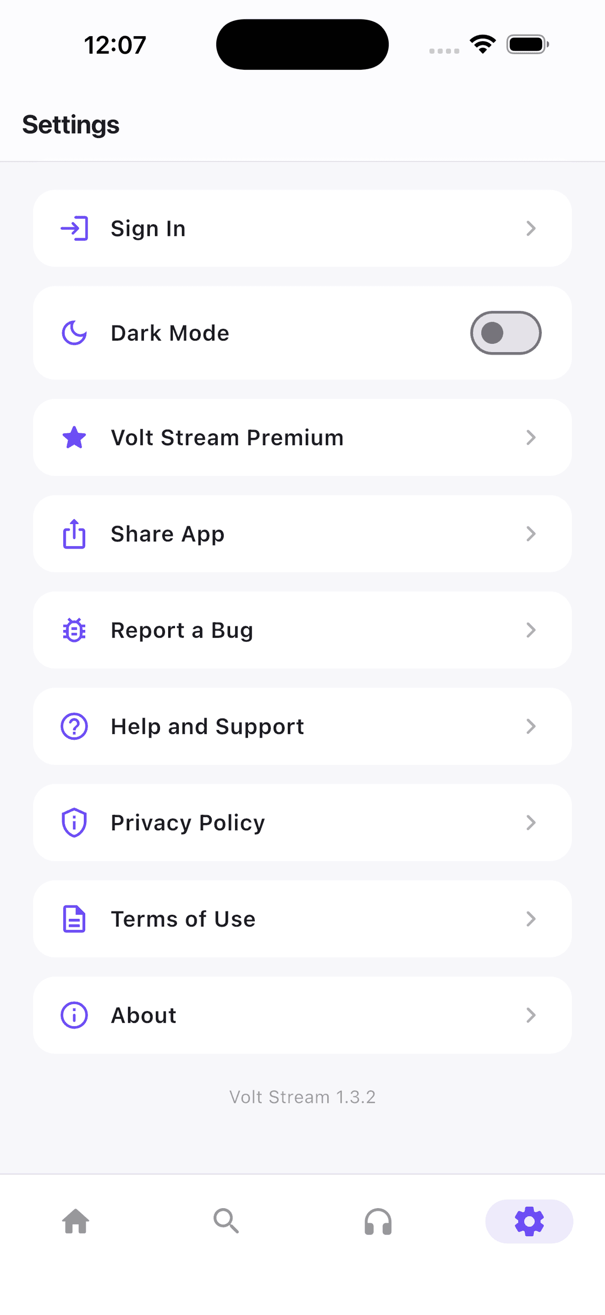 Volt Stream settings screen