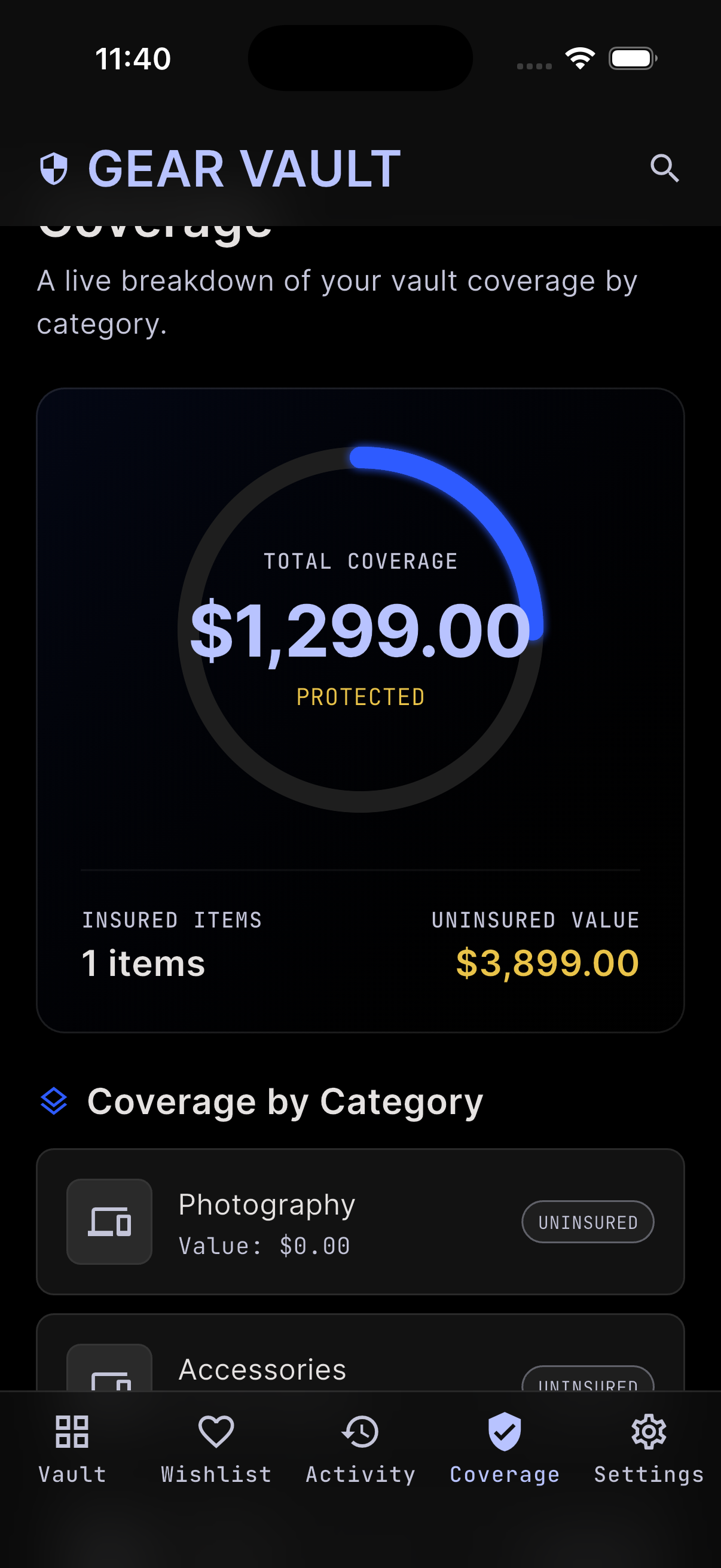 Gear Vault coverage screen with protected value