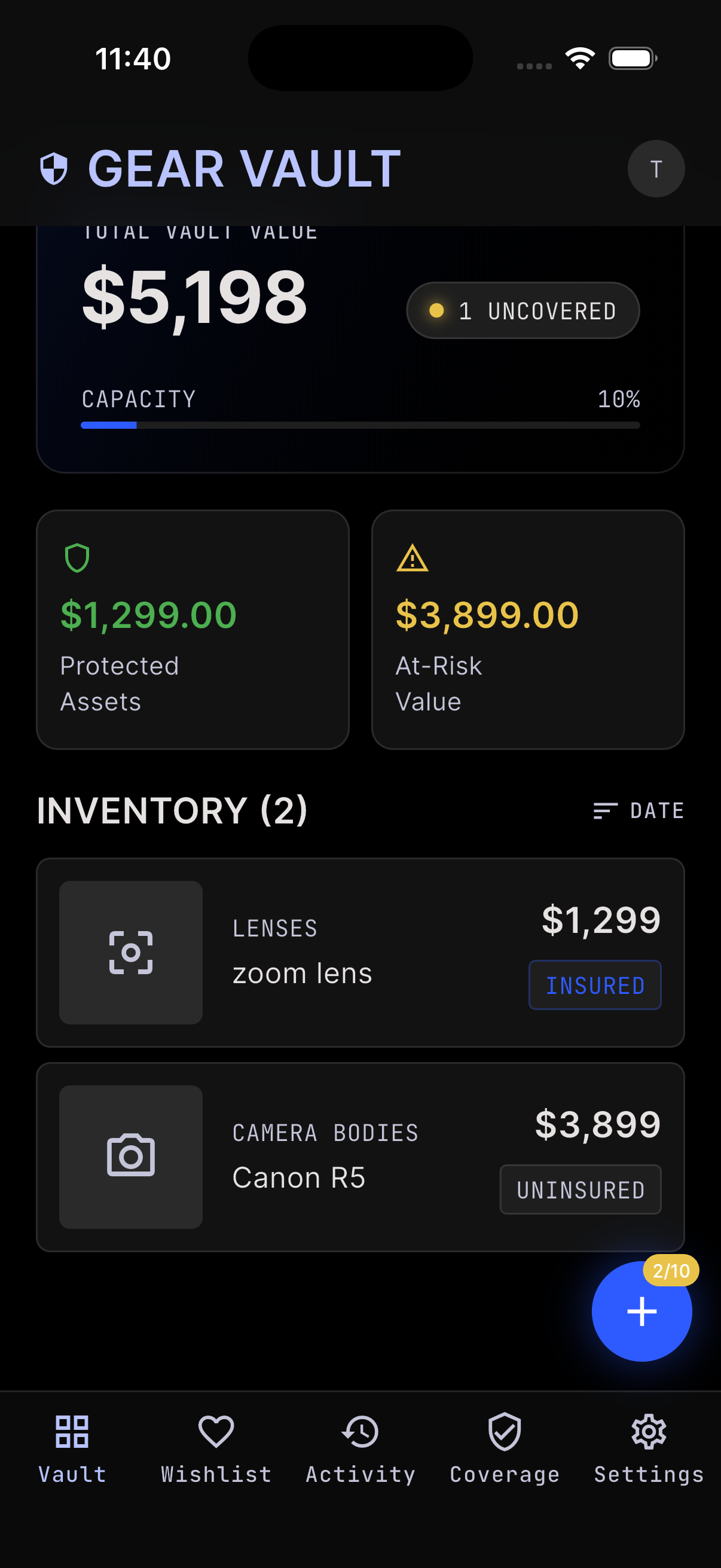 Gear Vault overview screen with inventory value
