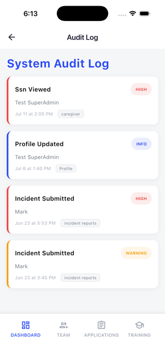 System audit log screen