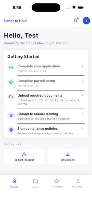 Caregiver home screen with onboarding checklist