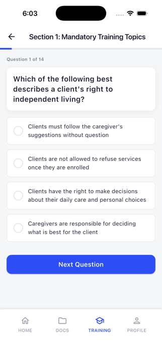 Competency test question screen
