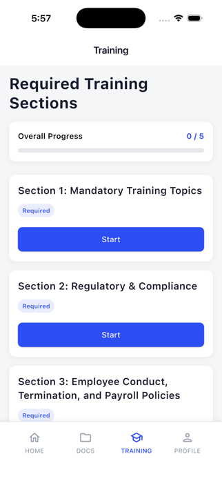 Required training sections screen