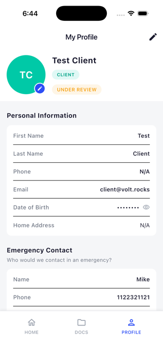 Client profile screen