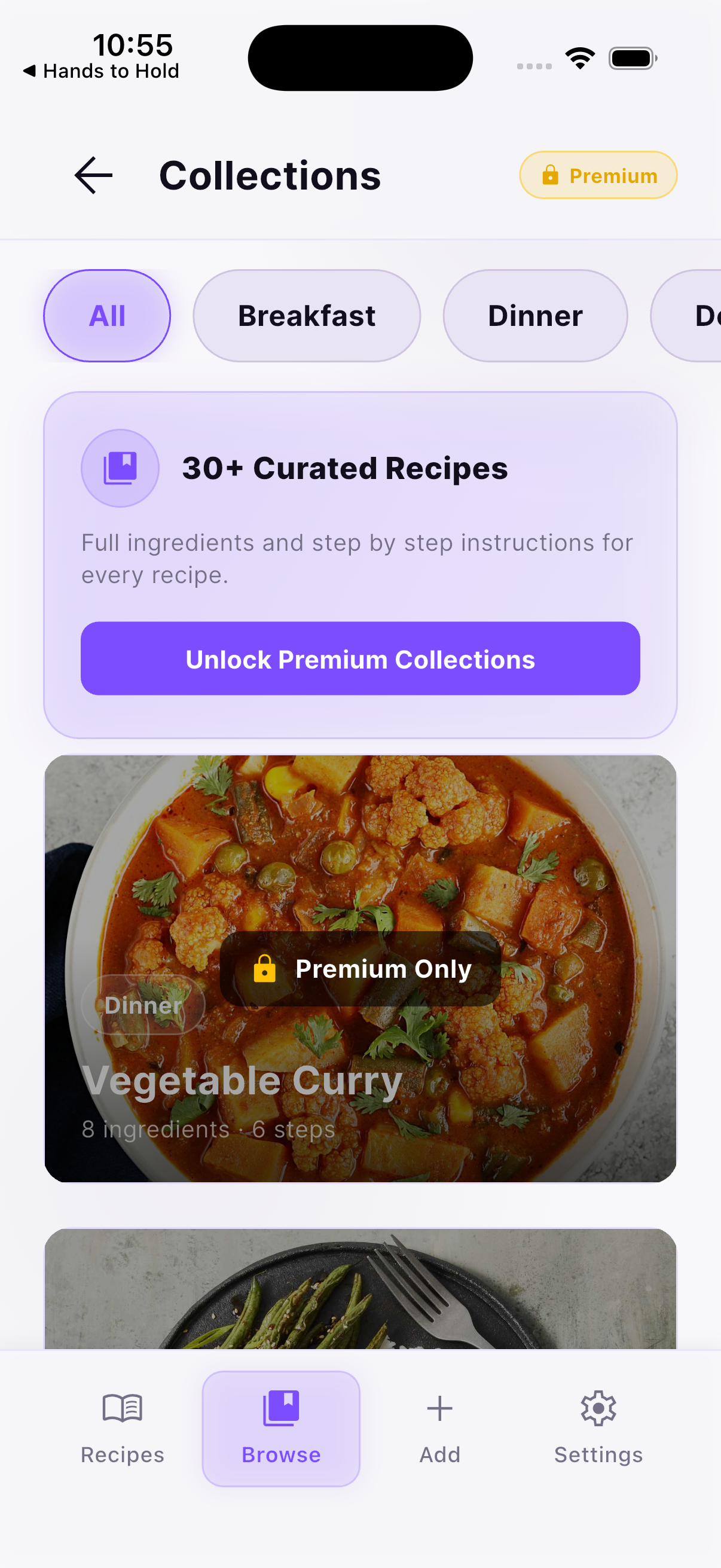 Recipe Vault collections screen with premium curated recipes