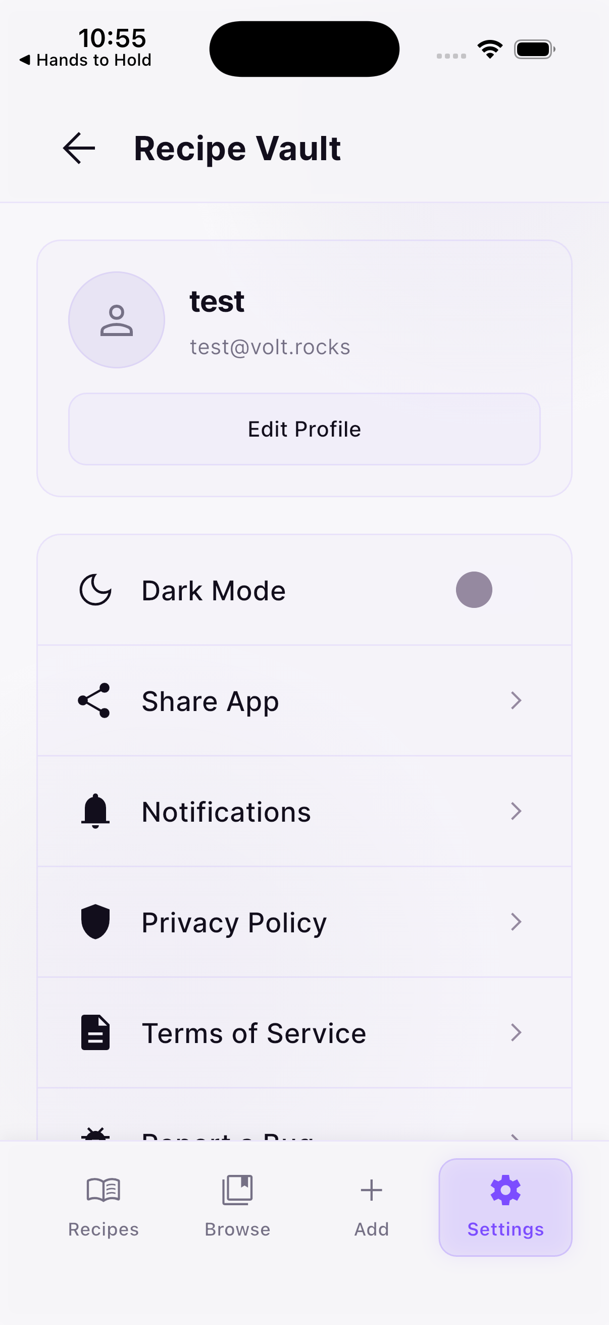 Recipe Vault settings screen